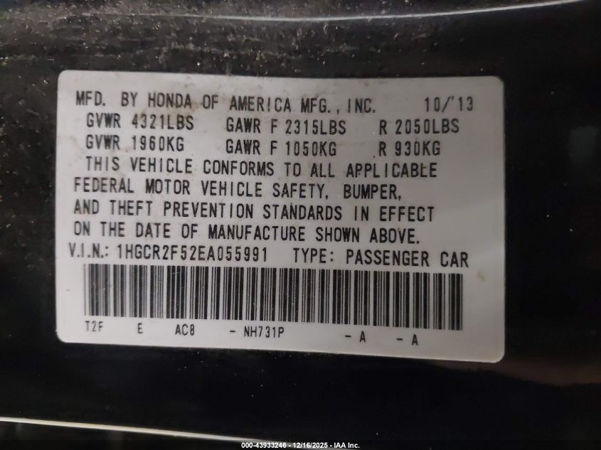 2014 Honda Accord Sport VIN: 1HGCR2F52EA055991 Lot: 43933246