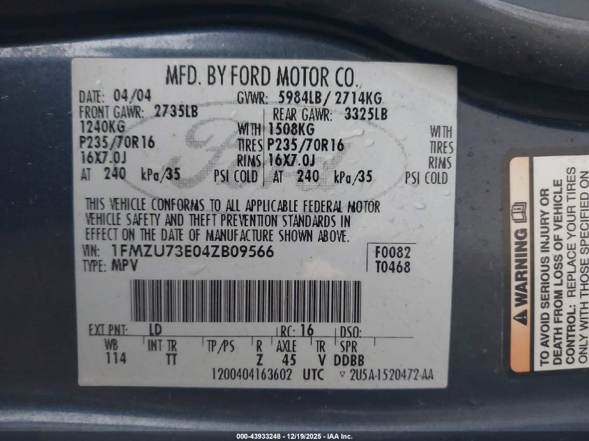 2004 Ford Explorer Nbx/Xlt VIN: 1FMZU73E04ZB09566 Lot: 43933248