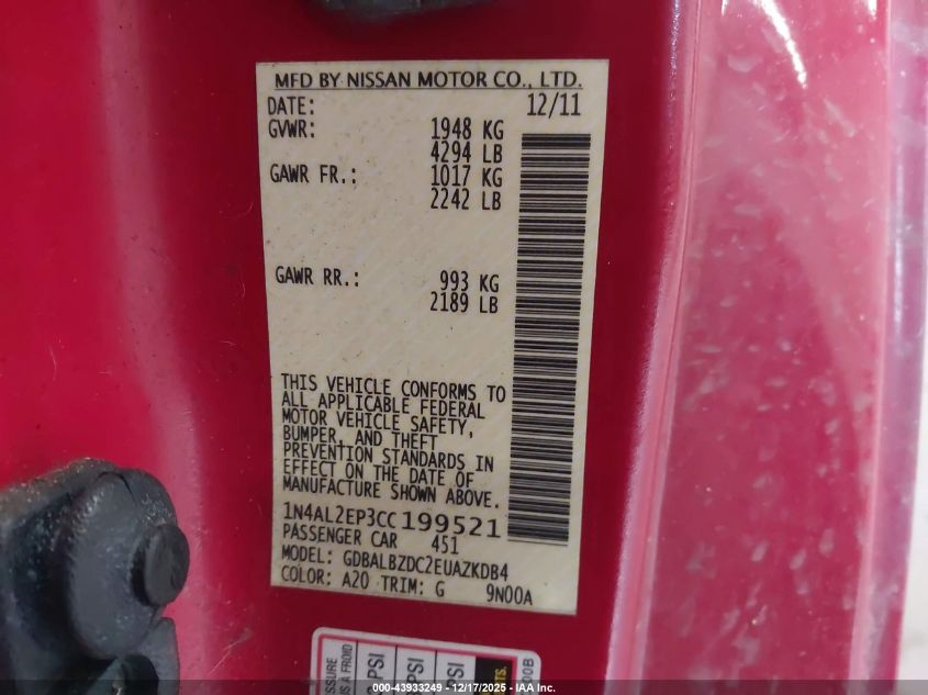 2012 Nissan Altima 2.5 S VIN: 1N4AL2EP3CC199521 Lot: 43933249