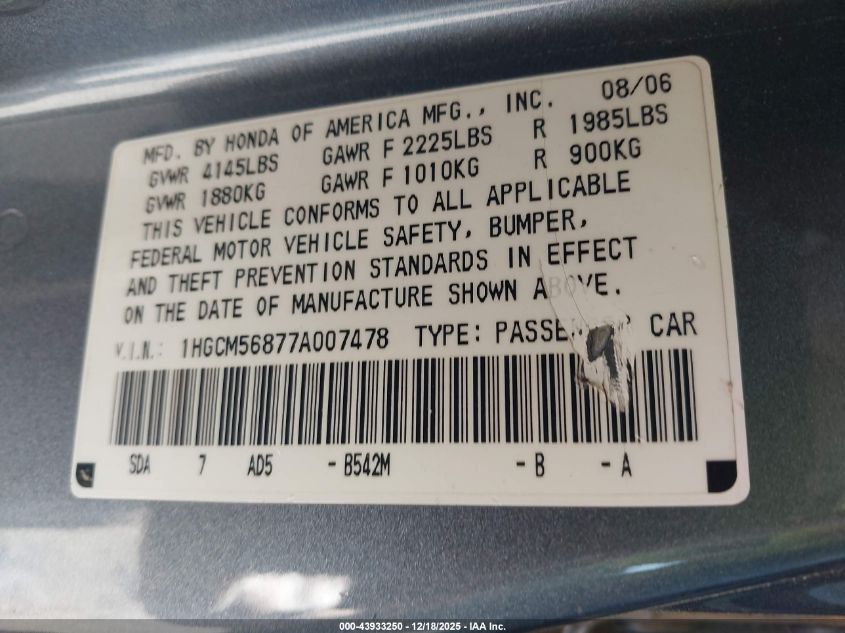 2007 Honda Accord 2.4 Ex VIN: 1HGCM56877A007478 Lot: 43933250