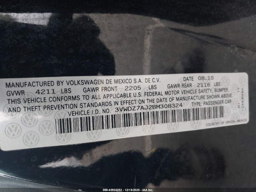 2011 Volkswagen Jetta 2.5L Se VIN: 3VWDZ7AJ2BM308324 Lot: 43933252