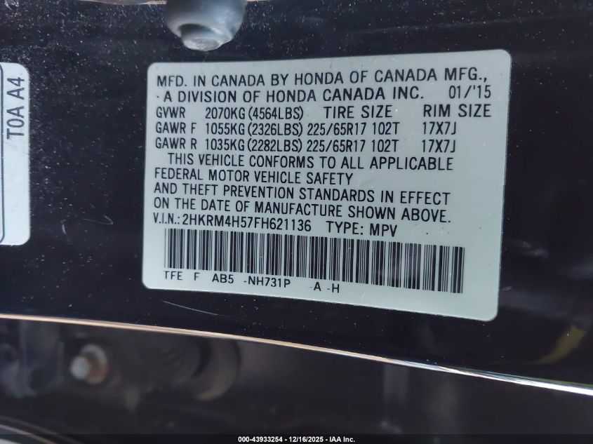 2015 Honda Cr-V Ex VIN: 2HKRM4H57FH621136 Lot: 43933254
