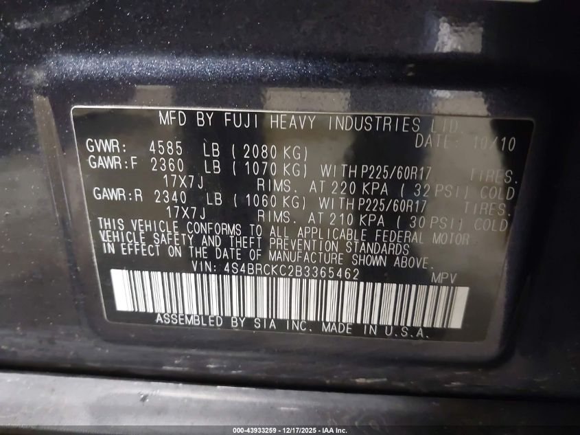 2011 Subaru Outback 2.5I Limited VIN: 4S4BRCKC2B3365462 Lot: 43933259