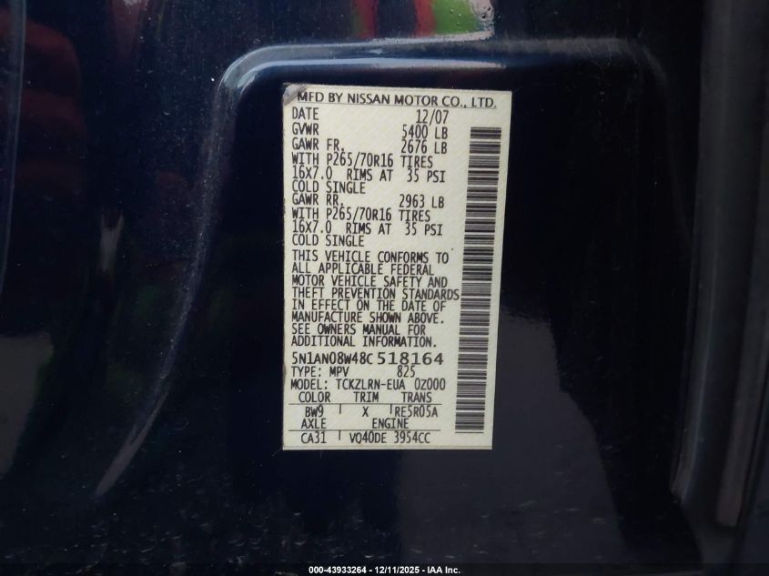 2008 Nissan Xterra S VIN: 5N1AN08W48C518164 Lot: 43933264