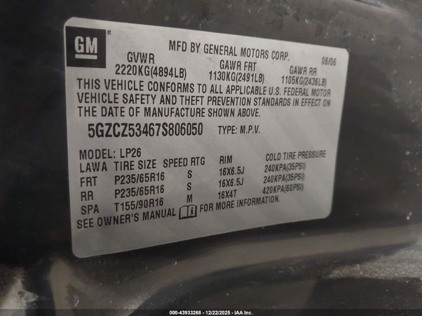 2007 Saturn Vue V6 VIN: 5GZCZ53467S806050 Lot: 43933268