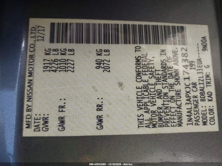 2018 Nissan Altima 2.5 Sv VIN: 1N4AL3APXJC174382 Lot: 43933269