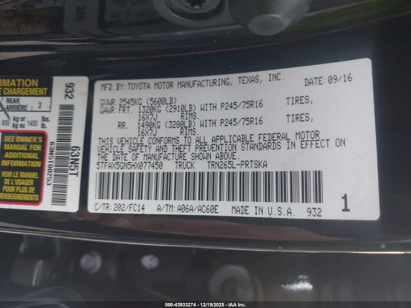 2017 Toyota Tacoma Sr5 VIN: 5TFAX5GN5HX077450 Lot: 43933274