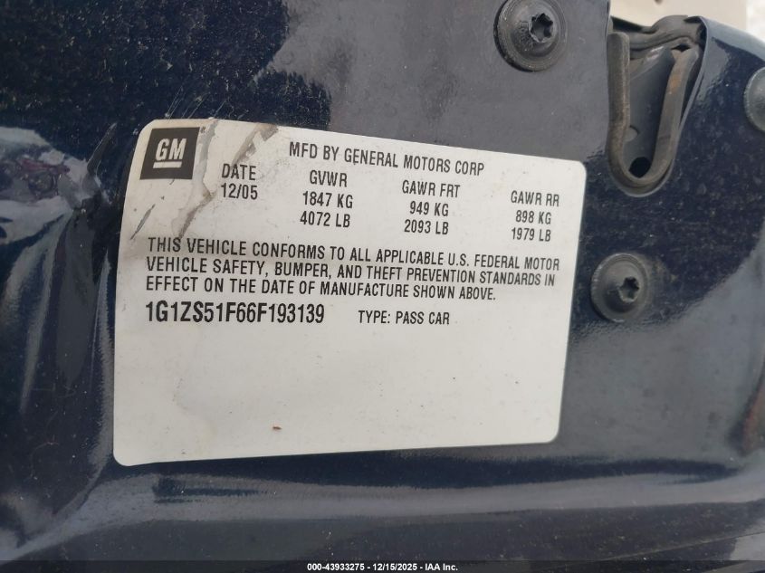 2006 Chevrolet Malibu Ls VIN: 1G1ZS51F66F193139 Lot: 43933275