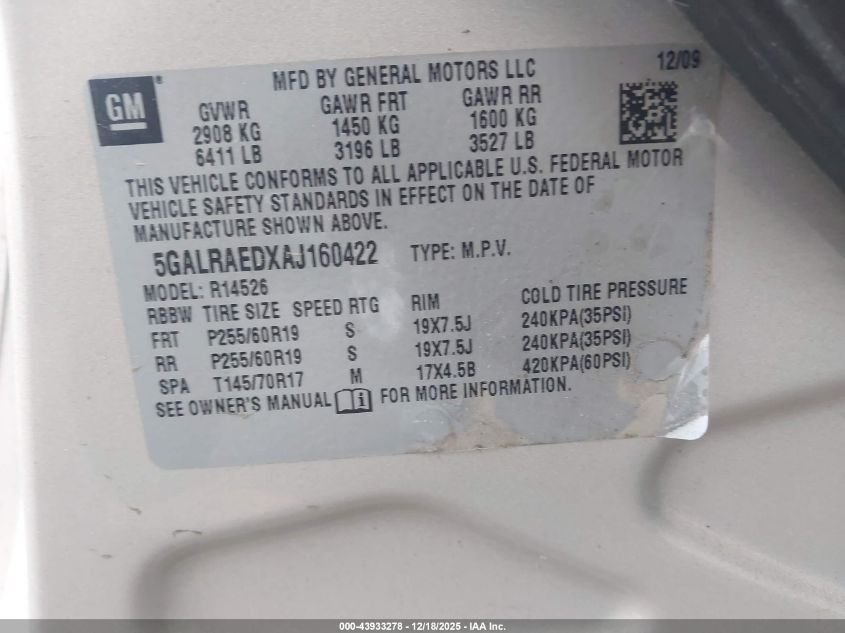 2010 Buick Enclave Cx VIN: 5GALRAEDXAJ160422 Lot: 43933278