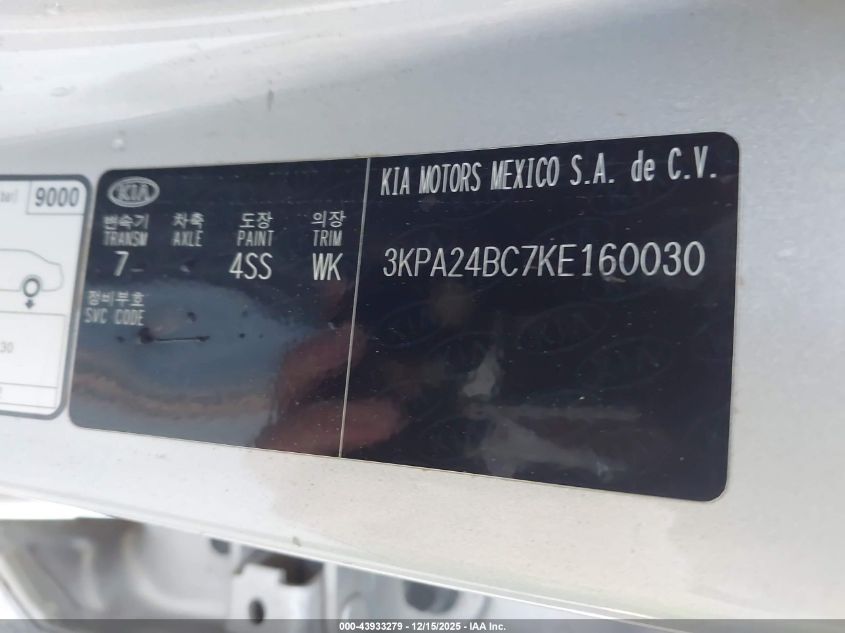 2019 Kia Rio VIN: 3KPA24BC7KE160030 Lot: 43933279