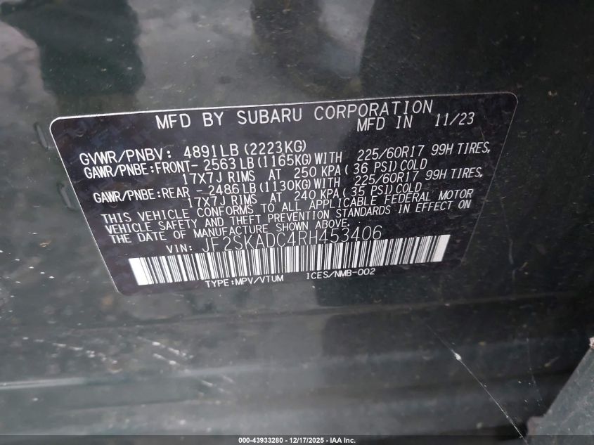 2024 Subaru Forester Premium VIN: JF2SKADC4RH453406 Lot: 43933280
