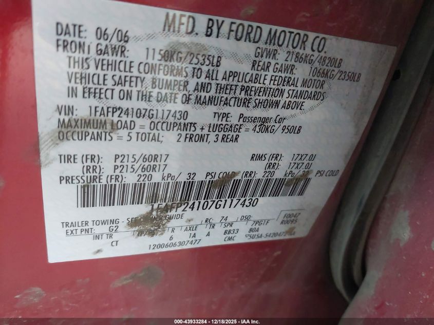 2007 Ford Five Hundred Sel VIN: 1FAFP24107G117430 Lot: 43933284