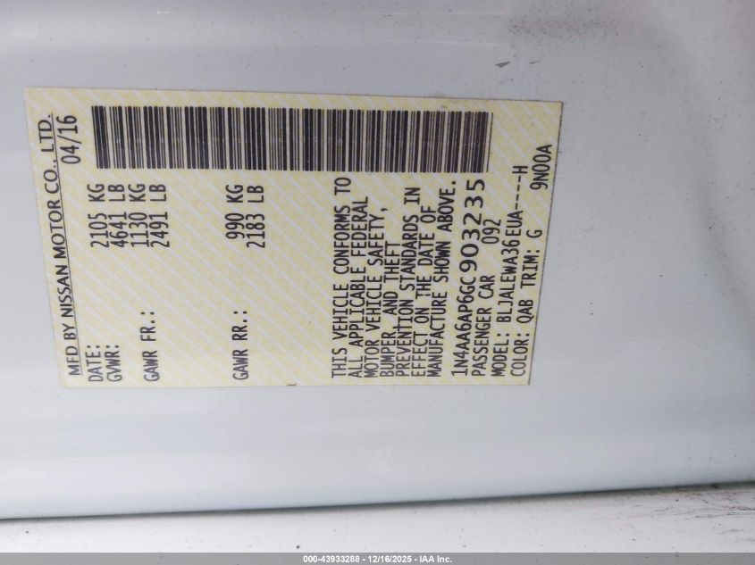 2016 Nissan Maxima 3.5 Sl VIN: 1N4AA6AP6GC903235 Lot: 43933288