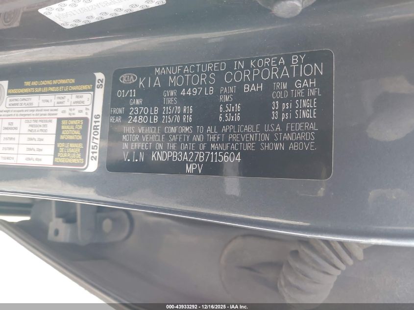 2011 Kia Sportage Lx VIN: KNDPB3A27B7115604 Lot: 43933292