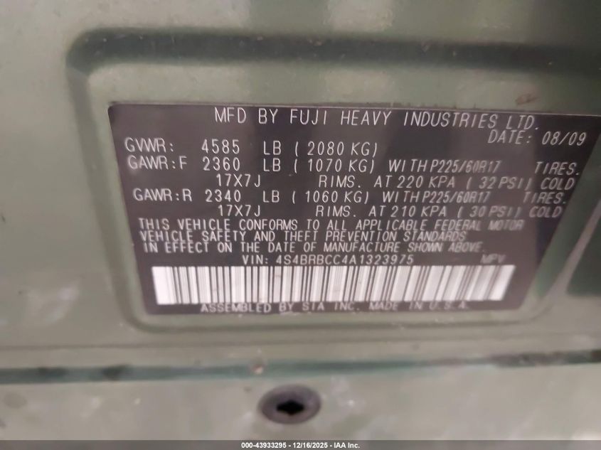 2010 Subaru Outback 2.5I Premium VIN: 4S4BRBCC4A1323975 Lot: 43933295