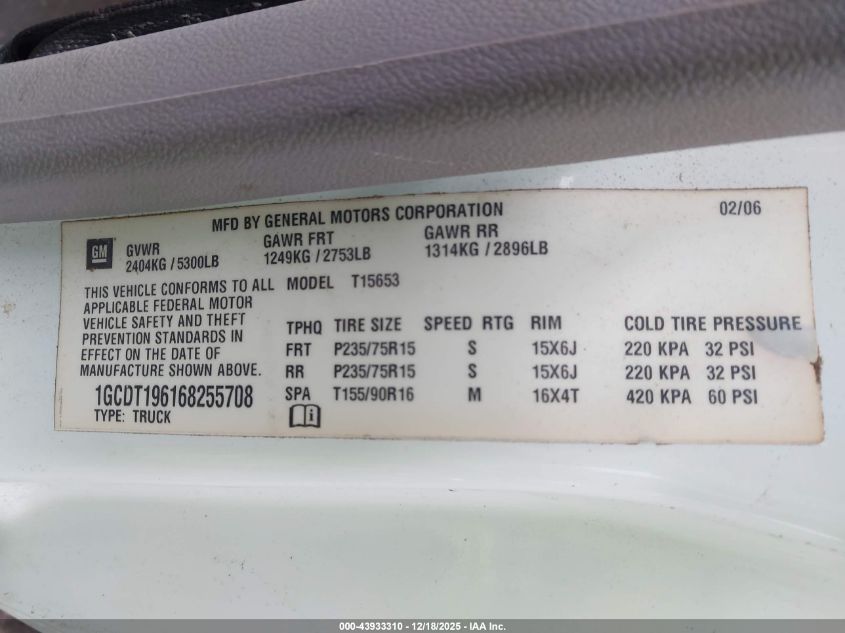 2006 Chevrolet Colorado Work Truck VIN: 1GCDT196168255708 Lot: 43933310