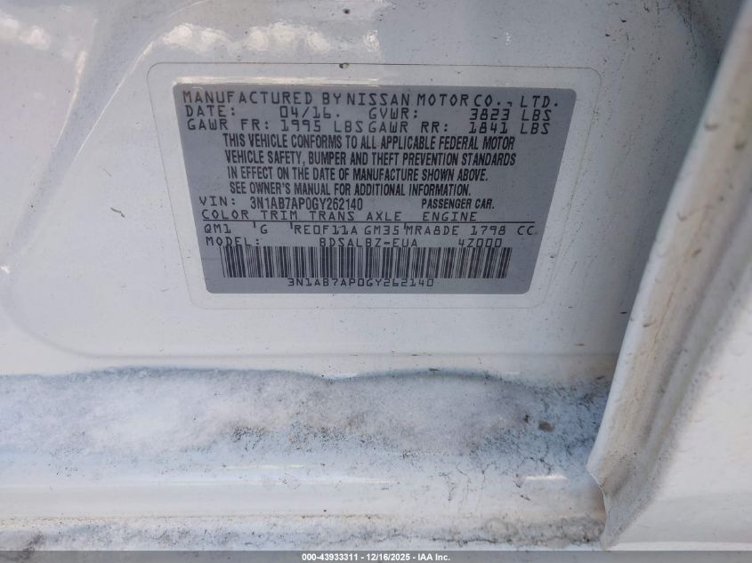 2016 Nissan Sentra Fe+ S/S/Sl/Sr/Sv VIN: 3N1AB7AP0GY262140 Lot: 43933311