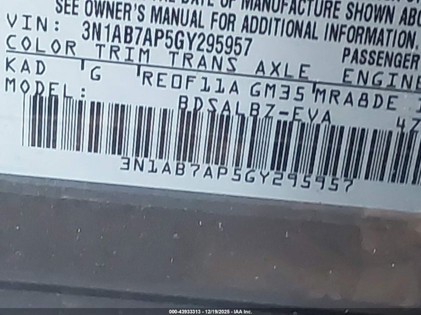 2016 Nissan Sentra S VIN: 3N1AB7AP5GY295957 Lot: 43933313