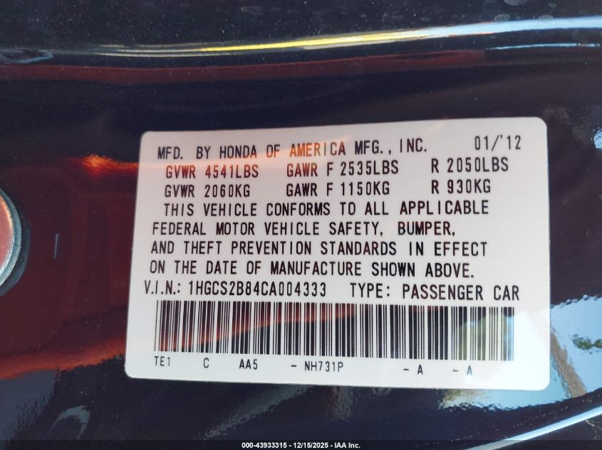 2012 Honda Accord 3.5 Ex-L VIN: 1HGCS2B84CA004333 Lot: 43933315