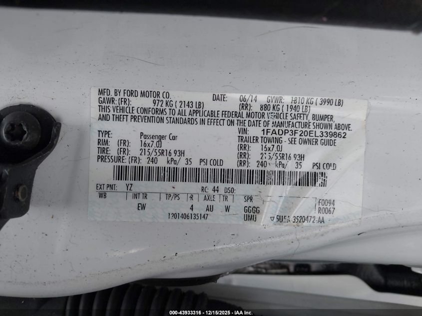 2014 Ford Focus Se VIN: 1FADP3F20EL339862 Lot: 43933316