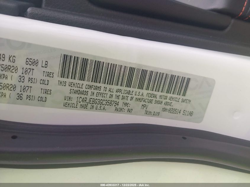 2016 Jeep Grand Cherokee Limited 75Th Anniversary VIN: 1C4RJEBG3GC358794 Lot: 43933317