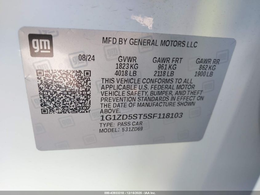 2025 Chevrolet Malibu Fwd 1Lt VIN: 1G1ZD5ST5SF118103 Lot: 43933318