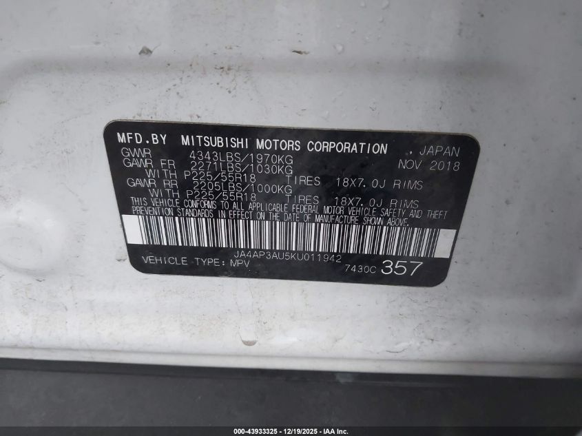 2019 Mitsubishi Outlander Sport 2.0 Es VIN: JA4AP3AU5KU011942 Lot: 43933325