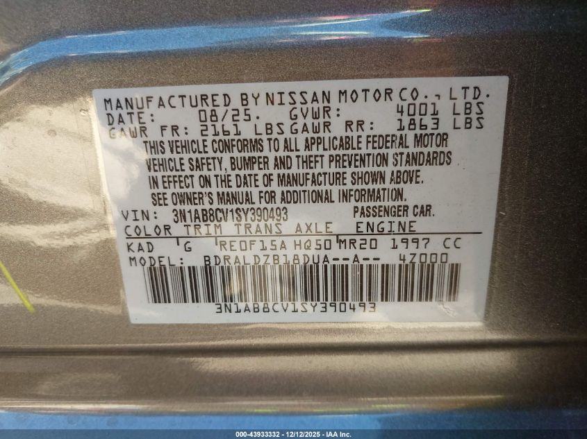 2025 Nissan Sentra Sv VIN: 3N1AB8CV1SY390493 Lot: 43933332