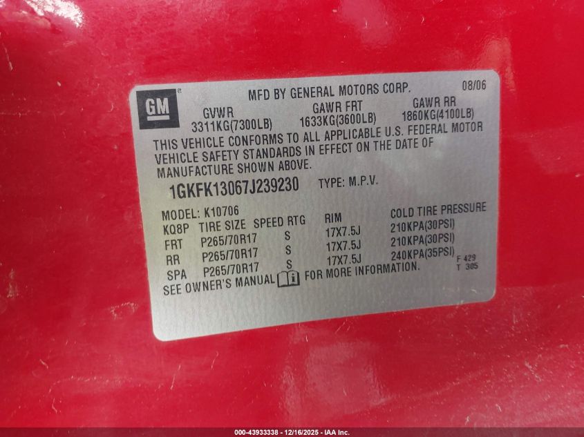 2007 GMC Yukon Slt VIN: 1GKFK13067J239230 Lot: 43933338