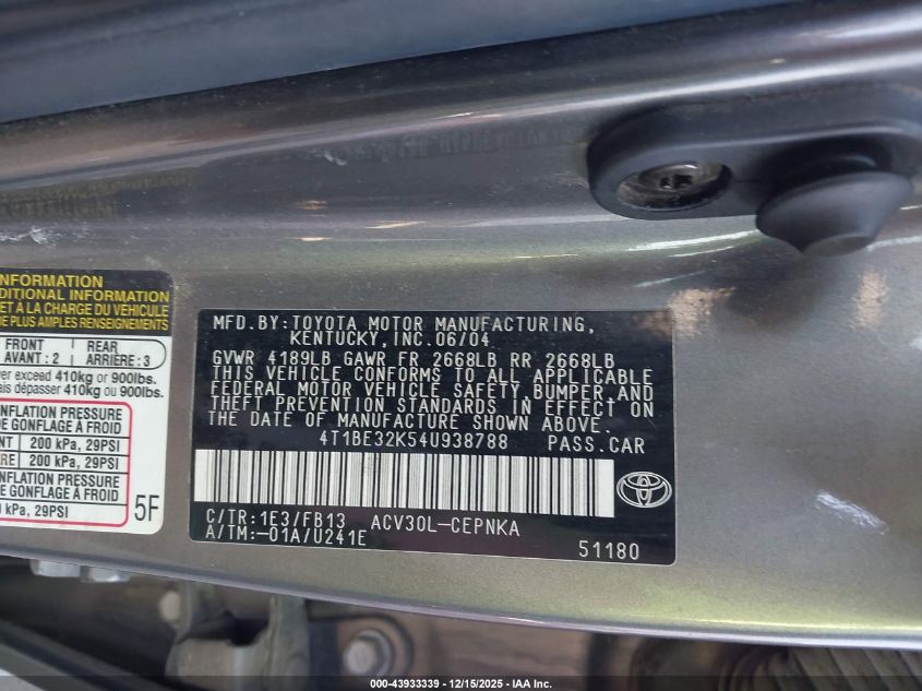 2004 Toyota Camry Le VIN: 4T1BE32K54U938788 Lot: 43933339