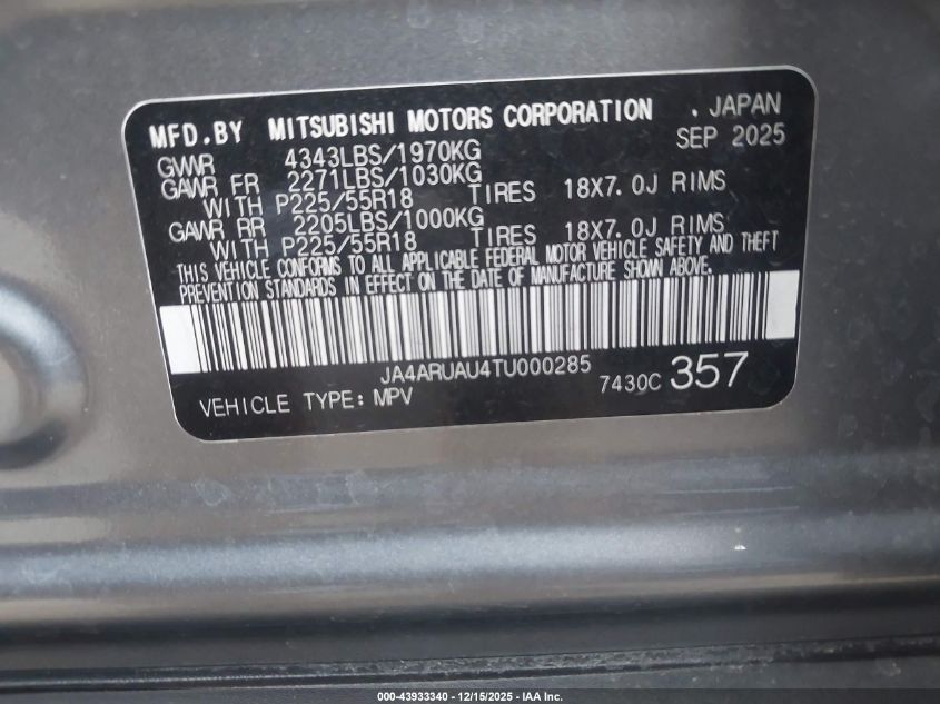 2026 Mitsubishi Outlander Sport 2.0 Es/2.0 Le/2.0 Ralliart/2.0 S/2.0 Se/2.0 Trail Edition VIN: JA4ARUAU4TU000285 Lot: 43933340