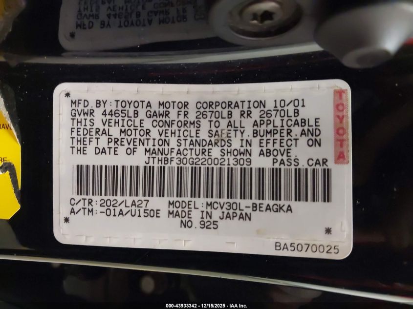 2002 Lexus Es 300 VIN: JTHBF30G220021309 Lot: 43933342