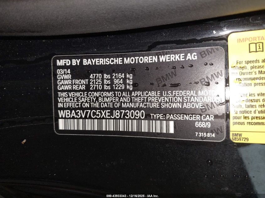 2014 BMW 428I VIN: WBA3V7C5XEJ873090 Lot: 43933343