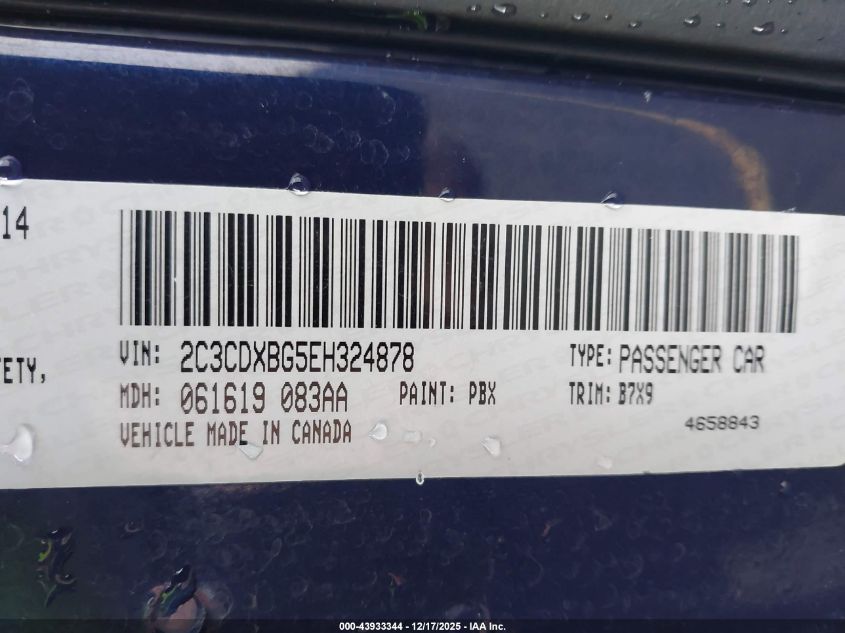 2014 Dodge Charger Se VIN: 2C3CDXBG5EH324878 Lot: 43933344