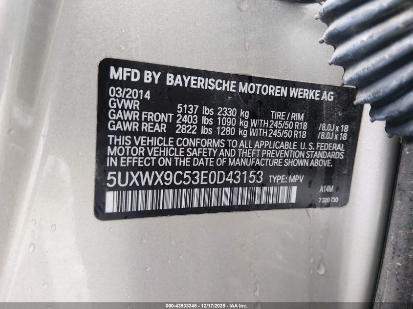 2014 BMW X3 xDrive28I VIN: 5UXWX9C53E0D43153 Lot: 43933348