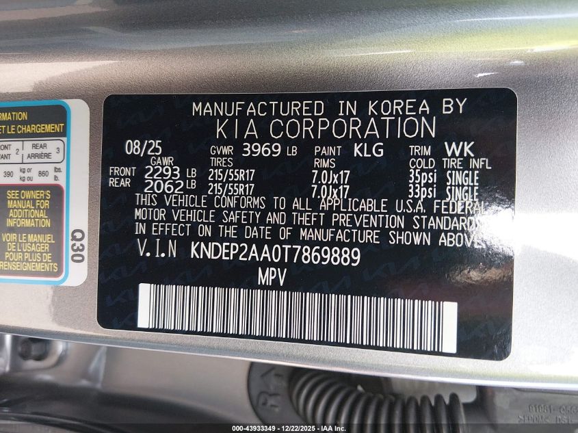 2026 Kia Seltos Lx VIN: 0KNDEP2AA0T786988 Lot: 43933349