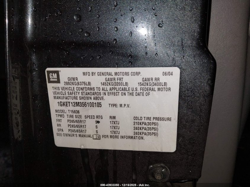 2005 GMC Envoy Xuv Slt VIN: 1GKET12M356100105 Lot: 43933350