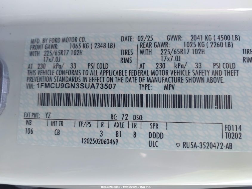 2025 Ford Escape Active VIN: 1FMCU9GN3SUA73507 Lot: 43933356