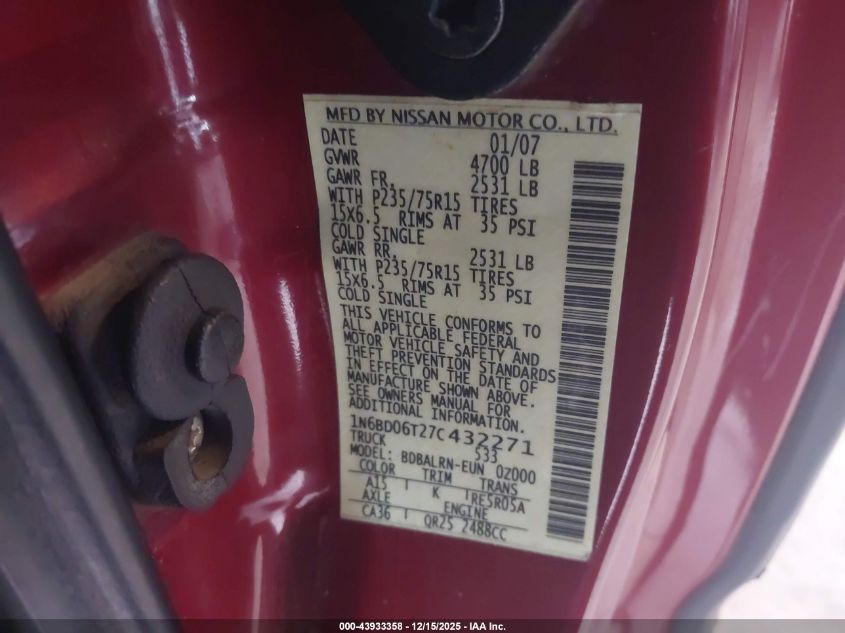 2007 Nissan Frontier Xe VIN: 1N6BD06T27C432271 Lot: 43933358