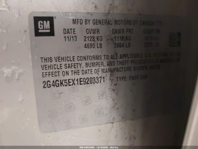 2014 Buick Regal Turbo VIN: 2G4GK5EX1E9203371 Lot: 43933359