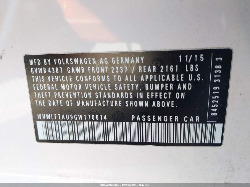 2016 Volkswagen Golf R 4-Door VIN: WVWLF7AU9GW170614 Lot: 43933360