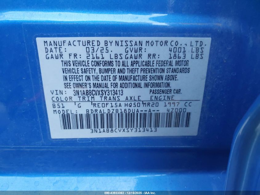 2025 Nissan Sentra Sv VIN: 3N1AB8CVXSY313413 Lot: 43933363