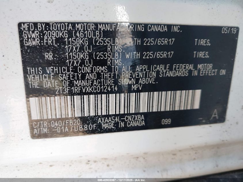 2019 Toyota Rav4 Le VIN: 2T3F1RFVXKC012414 Lot: 43933367