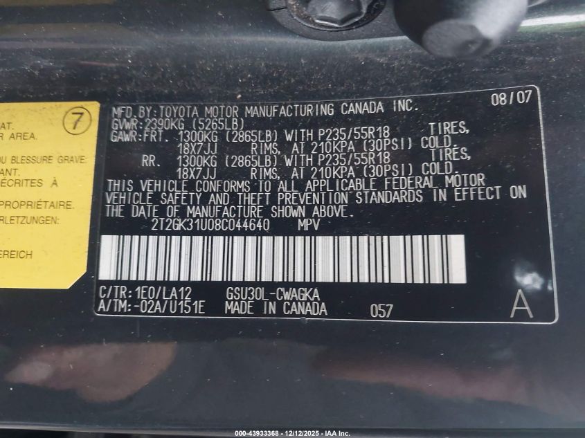 2008 Lexus Rx 350 VIN: 2T2GK31U08C044640 Lot: 43933368