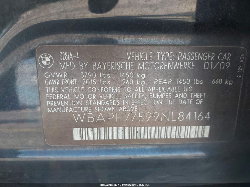 2009 BMW 328I VIN: WBAPH77599NL84164 Lot: 43933377