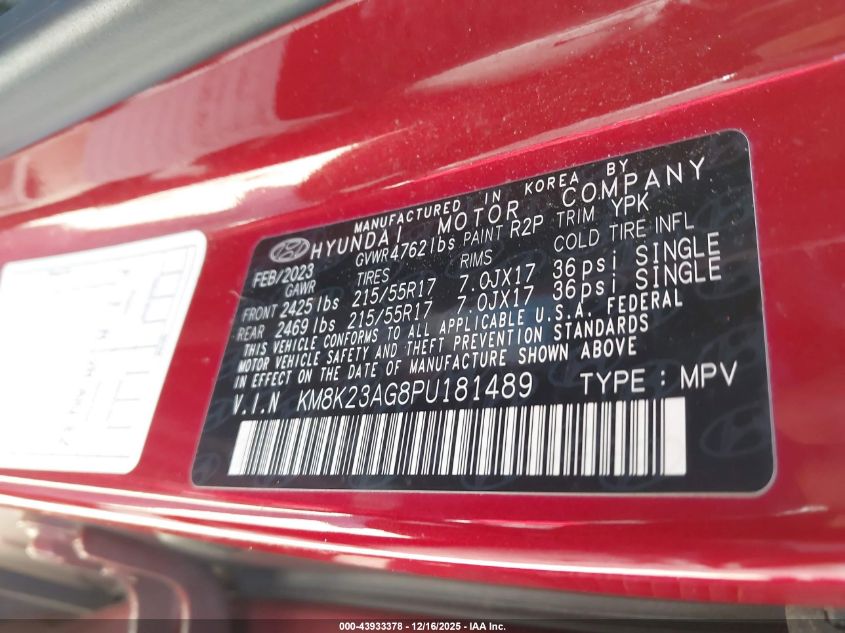 2023 Hyundai Kona Electric Se VIN: KM8K23AG8PU181489 Lot: 43933378