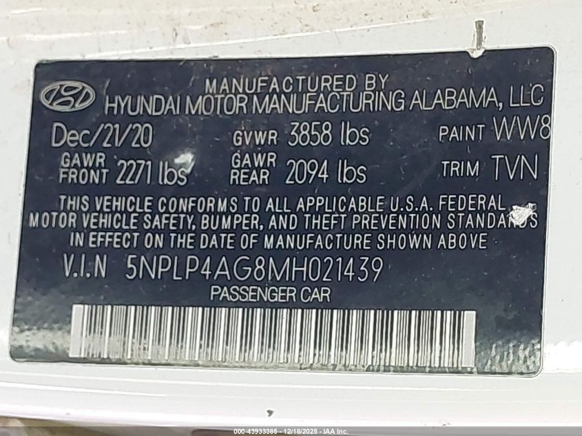 2021 Hyundai Elantra Limited VIN: 5NPLP4AG8MH021439 Lot: 43933385