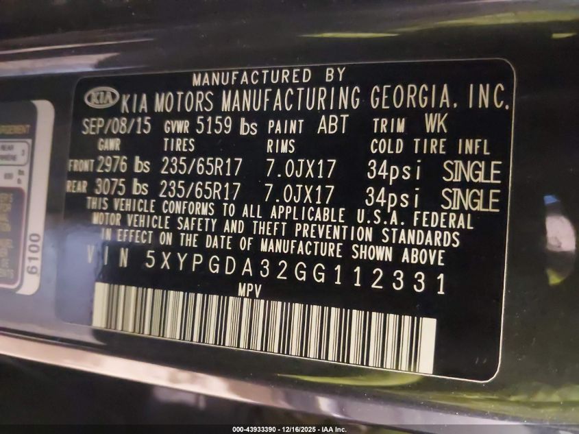 2016 Kia Sorento 2.4L Lx VIN: 5XYPGDA32GG112331 Lot: 43933390