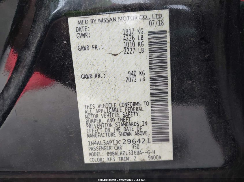 2018 Nissan Altima 2.5 Sr VIN: 1N4AL3AP1JC296421 Lot: 43933391