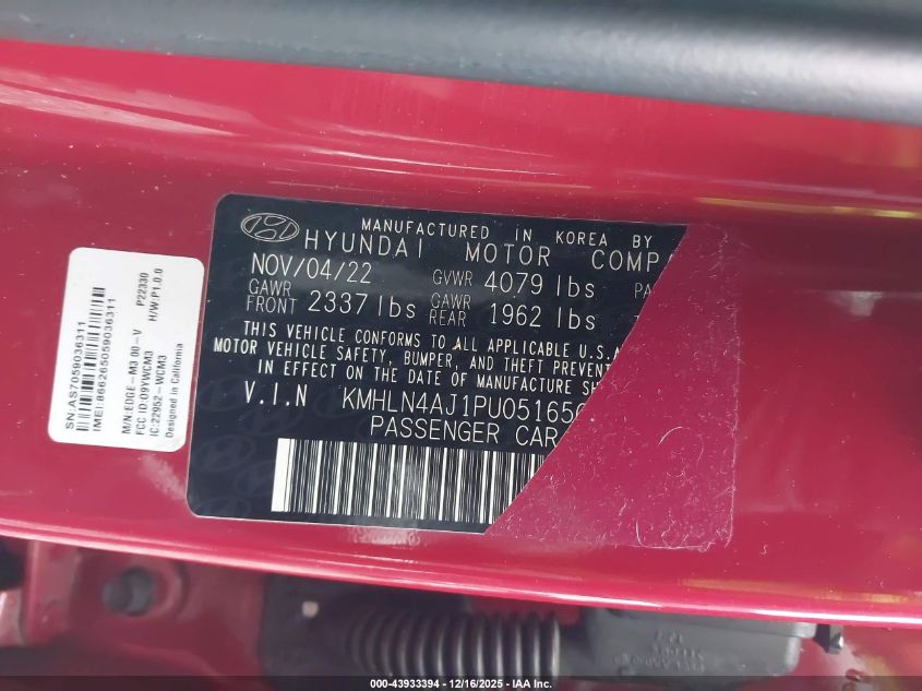 2023 Hyundai Elantra Hybrid Limited VIN: KMHLN4AJ1PU051650 Lot: 43933394